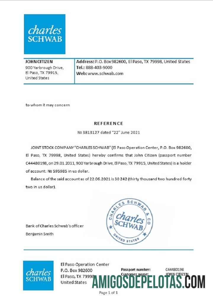 Referência Charles Schwab dos EUA exemplo real